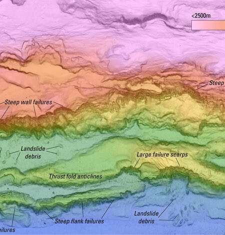 Detailed map showing seafloor features such as submarine canyons and slope failures offshore Kodiak Island, Alaska