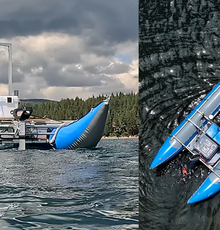 Photos of the autonomous MAPCAT cataraft being tested on a lake