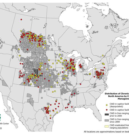Distribution of Chronic Wasting Disease in North America from 2000 through July 2025.