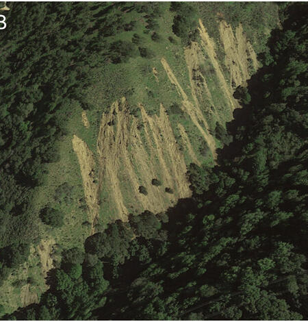 Examples of areas where shallow landslides were mapped as being in contact with stream channels, East Bay