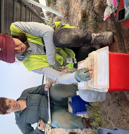 Two women biologists conduct fieldwork at the Gemini solar site