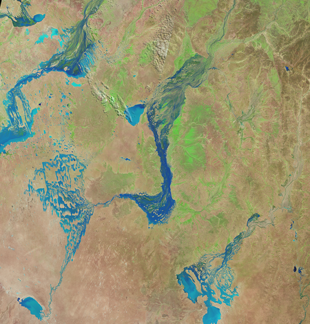 Landsat satellite image showing flooding along rivers and areas in the Lake Eyre basin, Australia 