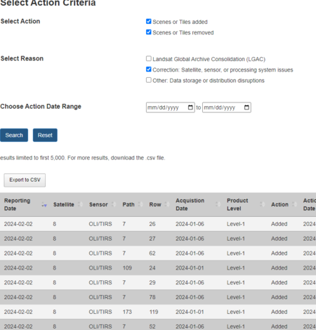 Landsat Reprocessing Events Application screenshot