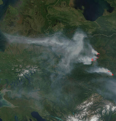 Aerial image of smoke plumes over Alaska.