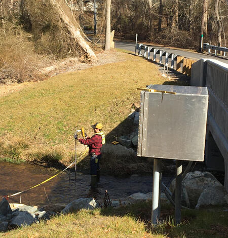 Measuring streamflow in a small stream near a bridge and streamgage.