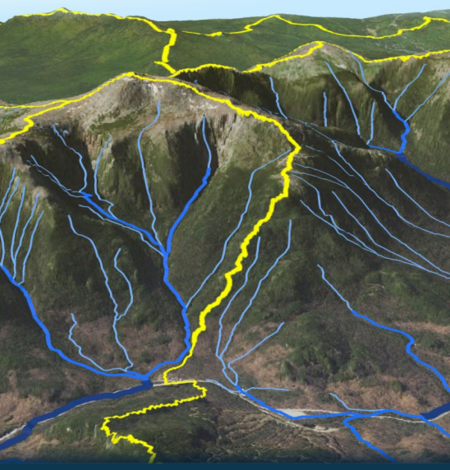 A drawing of a mountain range with yellow and blue lines cascading down.