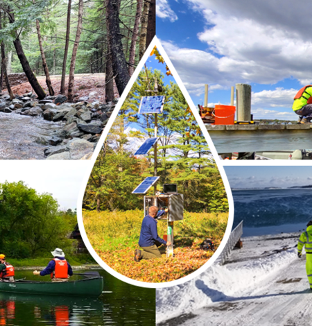 A collage of images depict USGS employees working in the field throughout all seasons of the year in New England states.