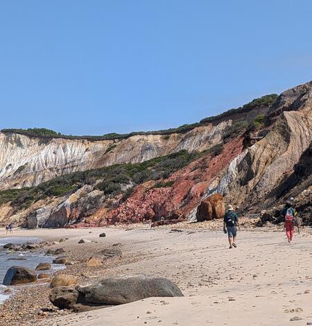 cliff backed sandy beach with two people walking on the sand