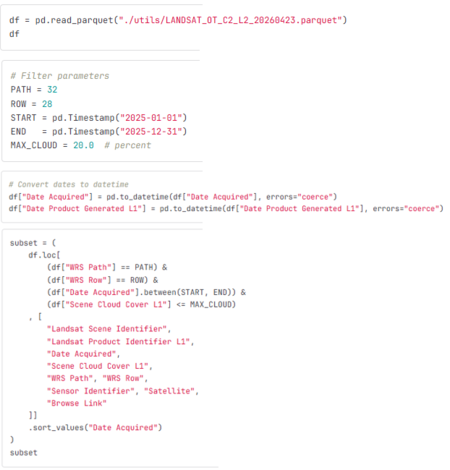 This screenshot displays the first steps of accessing information from Landsat Bulk Metadata contained in Parquet files. 