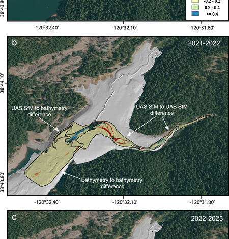 Figure showing results of geomorphic change analysis in the reservoir delta of Jenkinson Lake after Caldor Fire