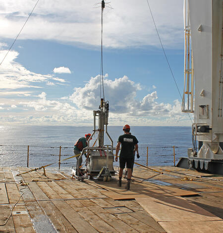 Scientists collecting bore cores aboard the American Samoa Mapping Project expedition