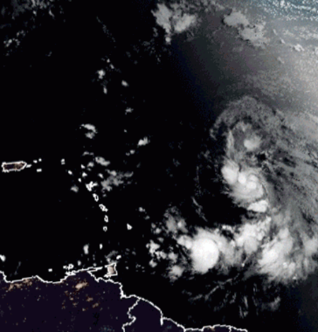 A gif image showing three storms in the Caribbean and Atlantic, Marco, Laura and a Tropical Depression off the coast of Africa. 