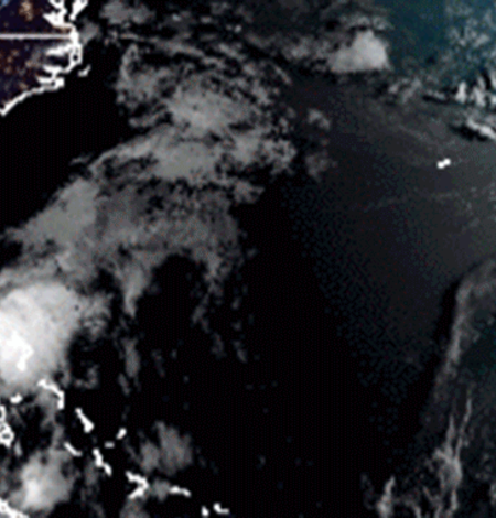An animated gif showing a satellite image of Tropical Storm Isaias off the eastern coast of Florida