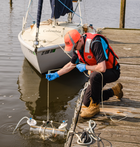 A hydrologic technician drops a water quality sampler into a river from a dock. 