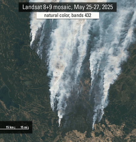 Animation of Landsat images showing fires burning in Saskatchewan, Canada