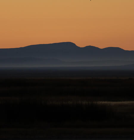 Summer Lake Wildlife Area. There are mountains in the background, an orange sunset, and birds flying in the sky