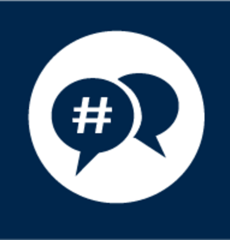 Blue box with a white circle; inside white circle are two blue message bubble icons, one of which has a white hashtag symbol