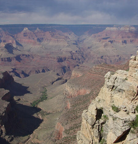 This is a photo of a view looking into the Grand Canyon from Canyon Village along the Bright Angel Trail.
