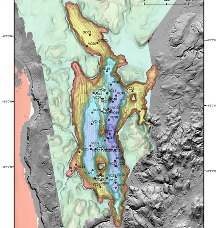 An illustrated map shows seafloor features and is labeled with dots to show where samples were collected.
