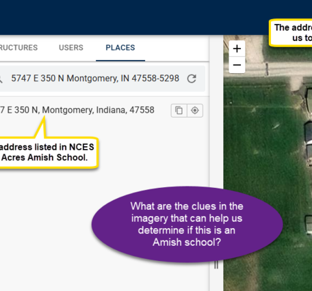 Image of address for the Green Acres Amish School in the TNMCorps map editor search bar and aerial imagery of structure.