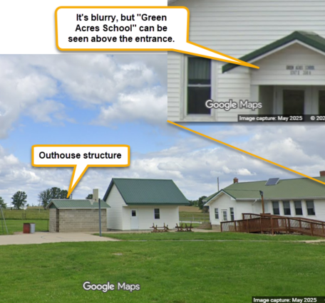 Street View™ imagery of the Green Acres Amish School with school building, probable outhouses, and playground features.