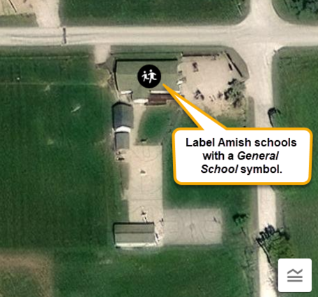 Screenshot of the Green Acres Amish School labeled with the General School symbol.