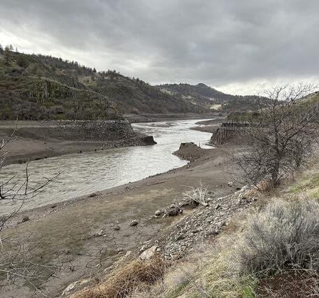 Brown river water flows by muddy banks with course grained sediment. Columns of basalt in right. Cloudy skies.
