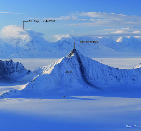 Snowy mountain with label showing the elevation different between the peak and glacier as 500m