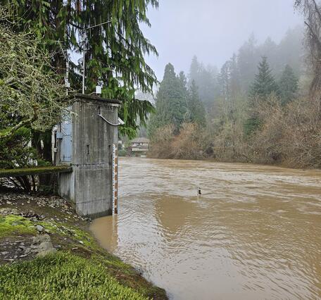 USGS gage house next to muddy river