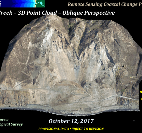 Four photos looking from the sky at a coastal cliff area on different dates to show a landslide and work to clear it.