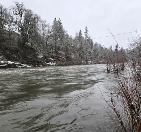 rushing river runs by snow dusted banks