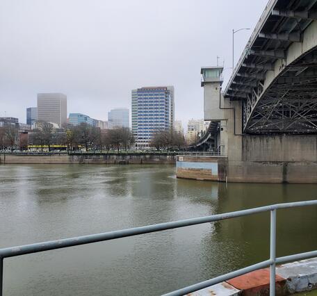 looking at SW Portland waterfront from middle of river. Brown water moves past bridge dolphin. Low clouds shroud skyscrapers