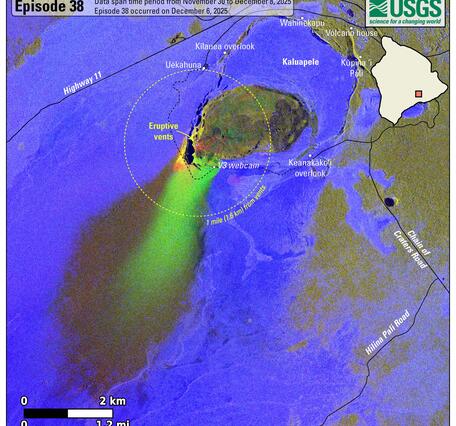 Color map showing area affected by lava fountain fallout during eruption