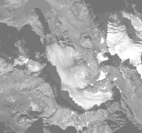 Black and white aerial image of a glacier.