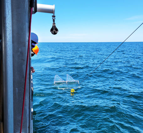A neuston net being towed alongside a large research vessel in Lake Ontario