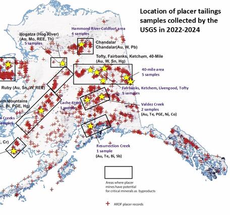 map of placer tailing samples in Alaska.