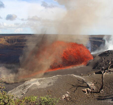 Color photograph of lava fountaining
