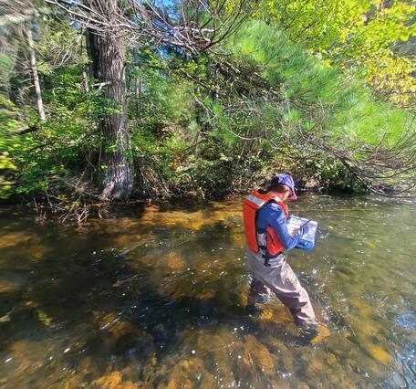 A woman wades a river and writes notes on a pad. 