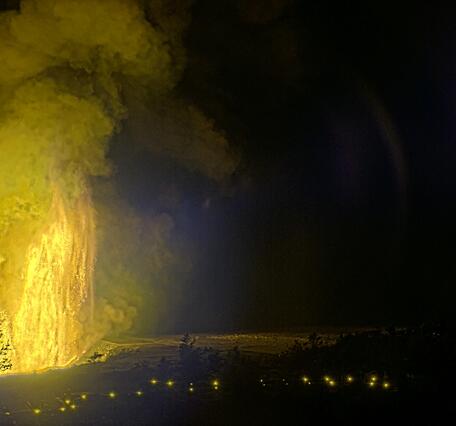 Color webcam image of lava fountains erupting