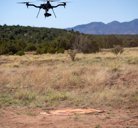 Uncrewed aircraft system in flight at Abó Ruins at Salinas Pueblo Missions National Monument