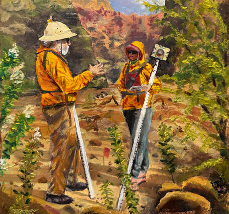 Oil painting of two USGS technicians surveying a sandbar monitoring site on the Colorado River in Grand Canyon National Park