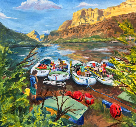 Oil painting of USGS rafts on Sandbar on the Colorado River