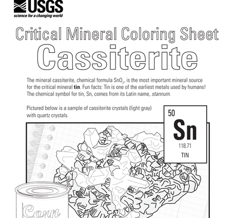 Coloring sheet featuring cassiterite and the critical mineral tin.