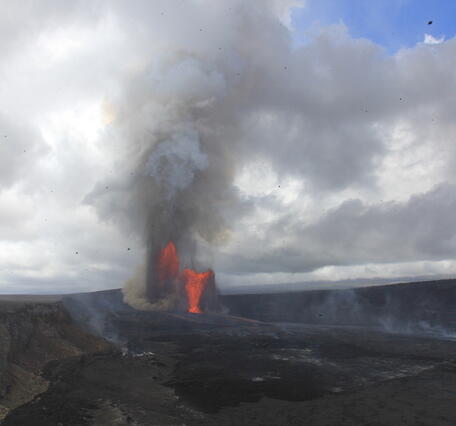 Color photograph of lava fountaining