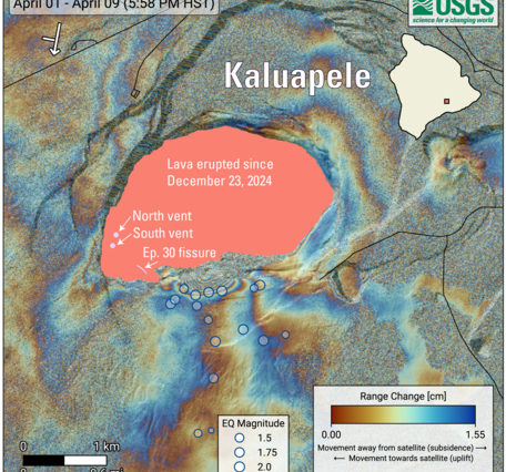 Color map graphic showing earthquakes and ground deformation at summit of volcano