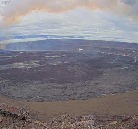 Color webcam image of volcanic eruption in crater
