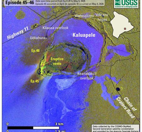 Color map showing areas at the summit of a volcano that were affected by fallout during an eruption