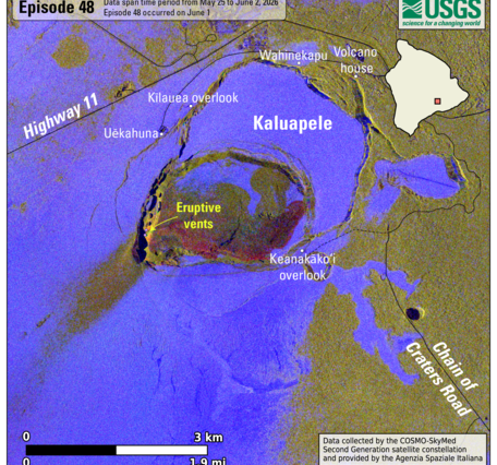Color graphic map showing volcanic eruption deposit at the summit of a volcano