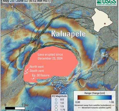 Color map showing ground deformation and earthquakes at the summit of a volcano
