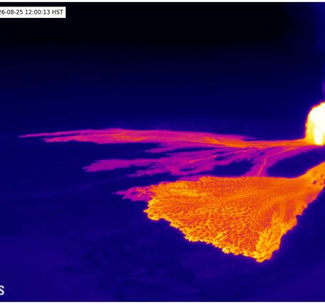 Color webcam image showing the temperature of an area where a volcanic eruption is occurring